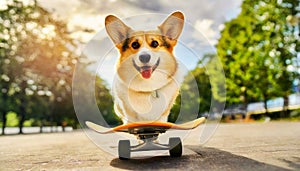 Beautiful Pembroke Welsh Corgi Dog Standing a Skateboard - Generative Ai