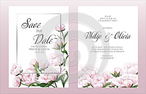 Beautiful peonies wedding invitation card template. Vector illustration.