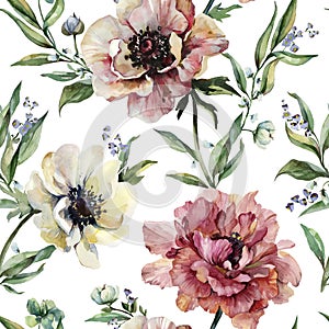Beautiful peony, anemone flowers with leaves on background. Seamless floral pattern, border. Watercolor painting. Design for