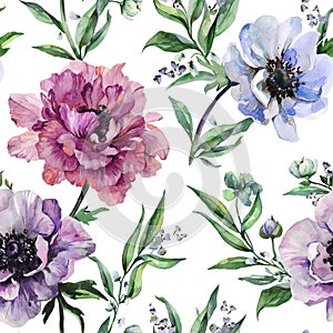 Beautiful peony, anemone flowers with leaves on background. Seamless floral pattern, border. Watercolor painting. Design for