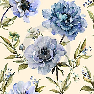 Beautiful peony, anemone flowers with leaves on background. Seamless floral pattern, border. Watercolor painting. Design for