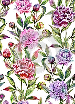 Beautiful peony flowers with buds and leaves in straight lines on white background. Seamless floral pattern.
