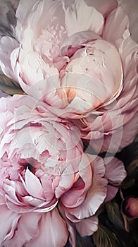 Beautiful peony flowers, vertical oil painting, impasto, garden flowers background, extrime closeup, generative ai