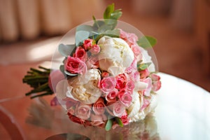 Beautiful peony and rose wedding bouquet. Marriage concept