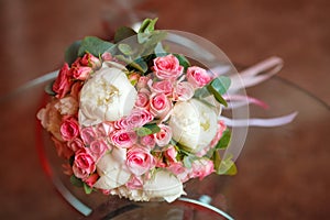 Beautiful peony and rose wedding bouquet. Marriage concept