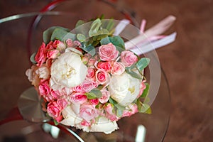 Beautiful peony and rose wedding bouquet. Marriage concept