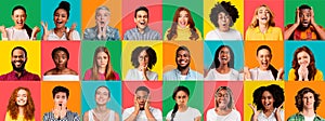 Beautiful people posing on colorful studio backgrounds, showing different emotions