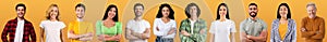 Beautiful people posing on yellow background, web-banner, collage