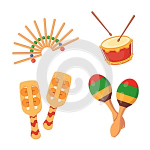 Beautiful percussion-noise musical instruments: rattles, drum, maracas, with decorative ornaments.