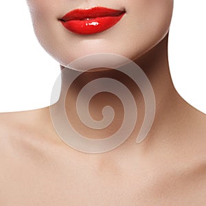 Beautiful perfect lips. mouth close up. Beautiful wide smile of young fresh woman with full lips. Isolated