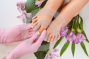Beautiful perfect skin female legs feet top view with tropical flowers and green palm leaf. Hands of beautician in pink gloves.