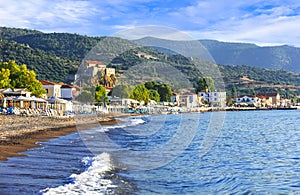 Beautiful Petra village,view with sea,houses and mountains,Lesvos island,Greece.