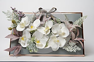 Beautiful phalaenopsis potted orchid flowers on a white background. Concept wedding, mothers day and valentines day background.