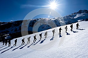 Beautiful photo frame from winter climbing programs of crowded and professional mountaineers photo