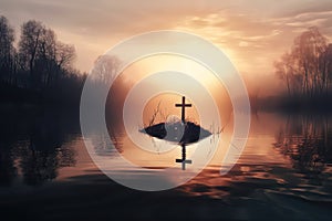 Beautiful photo illustration of an Easter morning sunrise with a cross and burial fabric by a calm lake. Generative AI photo