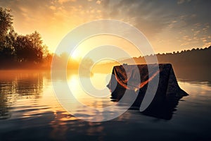 Beautiful photo illustration of an Easter morning sunrise with a cross and burial fabric by a calm lake. Generative AI photo