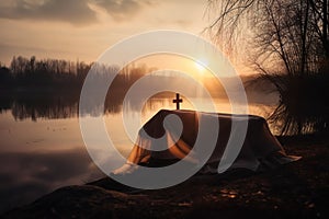 Beautiful photo illustration of an Easter morning sunrise with a cross and burial fabric by a calm lake. Generative AI photo