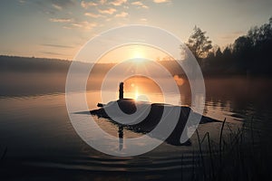 Beautiful photo illustration of an Easter morning sunrise with a cross and burial fabric by a calm lake The warm light almost photo