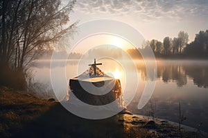 Beautiful photo illustration of an Easter morning sunrise with a cross and burial fabric by a calm lake The warm light almost photo