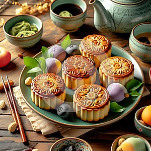 Beautiful photography of Chinese Mid-Autumn Festival mooncakes on a plate