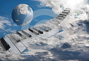 Beautiful piano keys in the clouds ascending into the sky