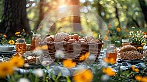 A beautiful picnic scene with fresh pastries and a basket with eggs in the garden. An Easter breakfast picnic concept