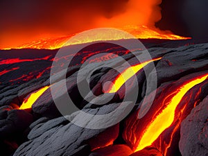 a beautiful picture of the crater of the red lava eruption, AI generated