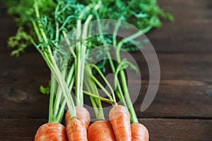 Beautiful picture of eating salad. Carrots with twigs on a dark wooden background. Natural texture of carrots and leaves. Backgrou