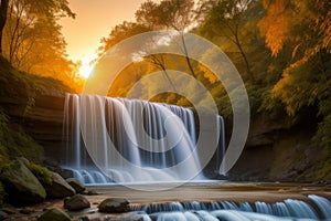 Beautiful Picturesque Waterfall and surroundings hill trees during sunrise