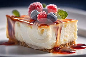 Beautiful piece of delicious cheesecake with fresh raspberries and blueberries