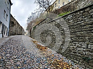 Beautiful Pikk jalg cobblestone road in Tallinn