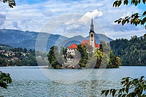 Beautiful Pilgrimage Church of the Assumption of Maria on a small island at Lake Bled Blejsko Jezero