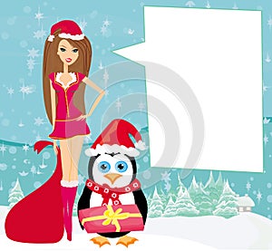 Beautiful pin-up girl in Christmas inspired costume and penguin