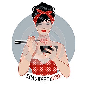 Beautiful pin up girl wearing 50`s style clothes and headscarf, eating noodles or spaghetti with chopsticks