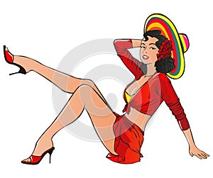 Beautiful Pin-Up Girl Wearing a Sombrero