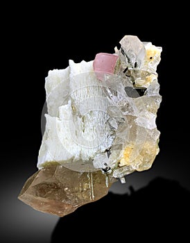 beautiful Pink Apatite with quartz tourmaline and microcline feldspar mineral specimen from skardu Pakistan