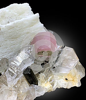 beautiful Pink Apatite with quartz tourmaline and microcline feldspar mineral specimen from skardu Pakistan