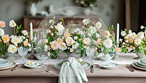 Beautiful pink and beige colors morning table decoration with lace tablecloth and napkins, pinky rose flowers, silver tableware