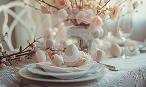 Beautiful pink and beige colours morning table decoration with lace tablecloth and napkins, pinky rose flowers, silver tableware