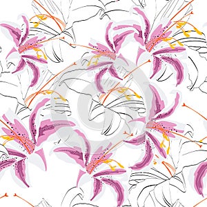 Beautiful pink, black and white seamless pattern with lilies. Hand-drawn contour lines. design greeting card.