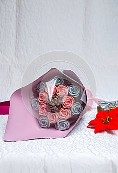 beautiful pink and blue gift bouquet in chocolate valentine packaging