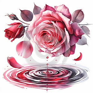 Watercolor painting of a beautiful rose and water drops on a white background