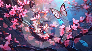 Beautiful pink cherry blossoms and butterfly on a branch in spring