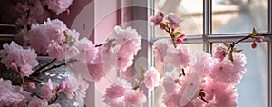 Beautiful pink cherry blossoms in a vase on the windowsill