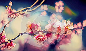 Beautiful pink cherry flower blossom on braches in spring, AI generated