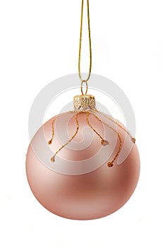 Beautiful pink christmas ball with gold sparkly ornament isolated on white