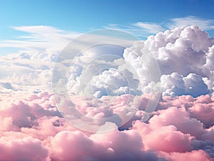 Beautiful pink clouds at the height of a bird\'s flight. Created by AI