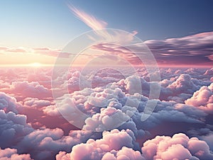 Beautiful pink clouds at the height of a bird\'s flight. A symbol of good weather. Created by AI