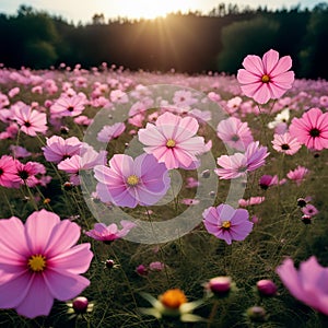 Beautiful Pink Cosmos Flower Field Under a Clear Blue Sky