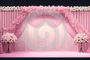 Beautiful Pink Curtain for Party Show Performance Stage with Flowers Ornament Decoration